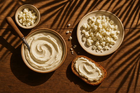 aesthetic, cheese cream and feta cheese on table, palm shadows, 