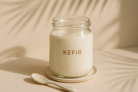 aesthetic, cream muted colors, kefir product on a clear container, palm shadows