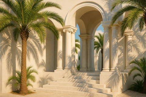 aesthetic scene, tropical with a greek feel, palms, palm shadows, arches, columns, stairs