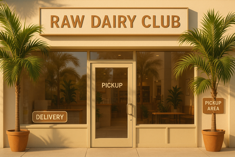delivery or pickup. aesthetic, palms, storefront named "RAW DAIRY CLUB"